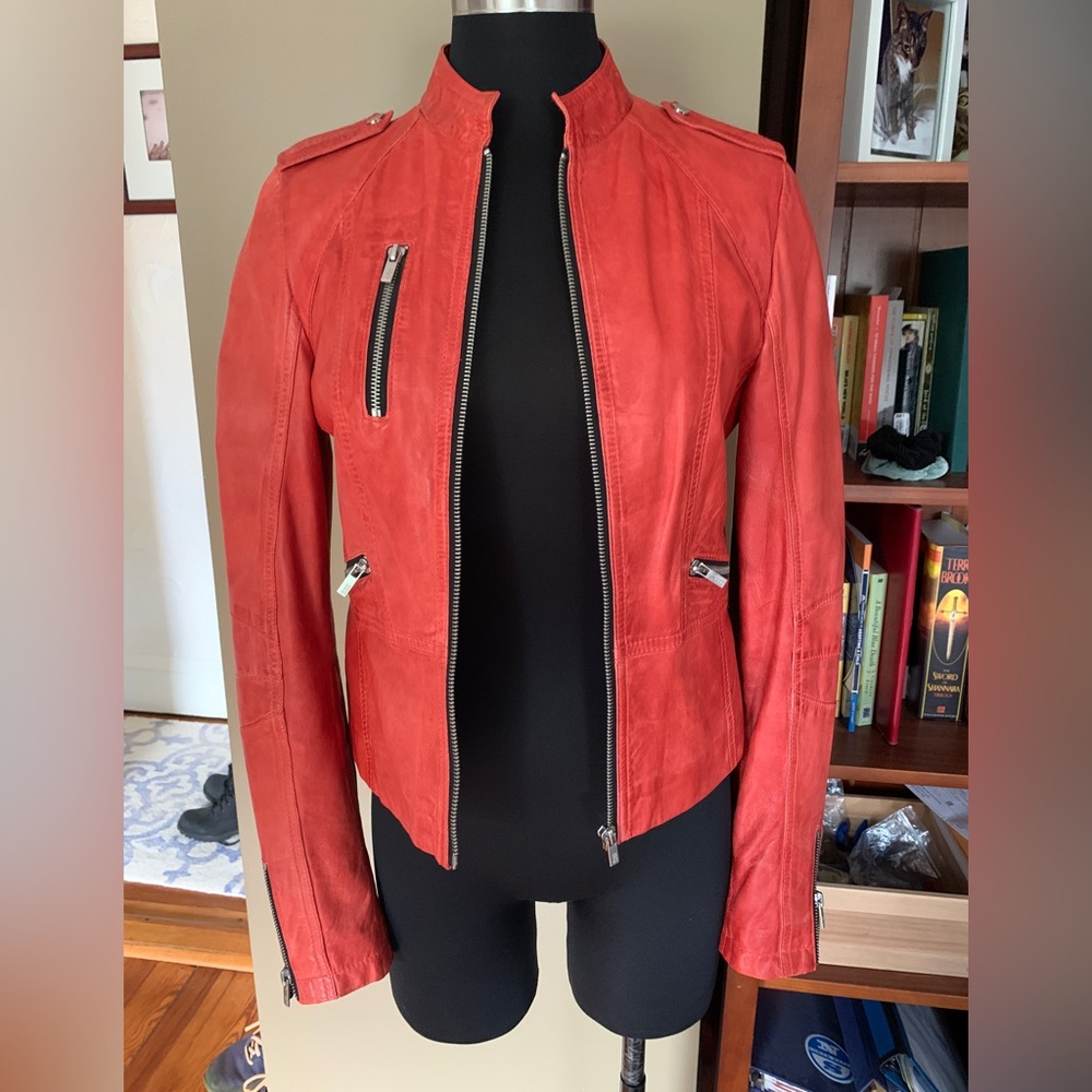 Genuine Leather Red Moto Jacket Bomber Small